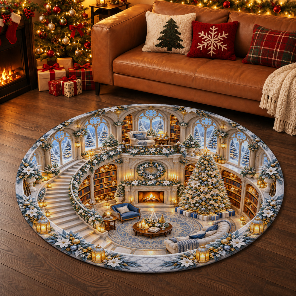 Christmas Library Round Doormat – White Gold Elegance – Cozy Custom Co.
